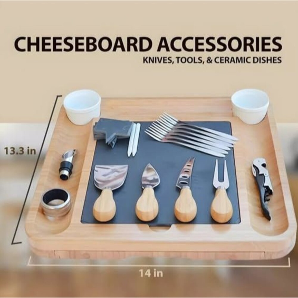 Cheese Board Set - Wooden Serving Platter, Cheese Cutting Board & Cheese Knife